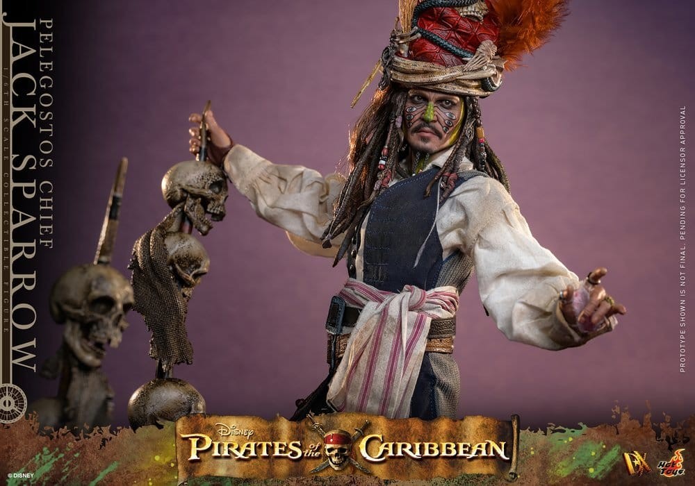 Fans Geek Store Hot Toys Jack Sparrow Pelegostos Chief action figure with tribal face paint and detailed headdress.