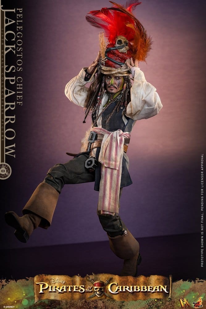 Fans Geek Store Hot Toys Jack Sparrow Pelegostos Chief 1/6 scale action figure with tribal headdress and costume.