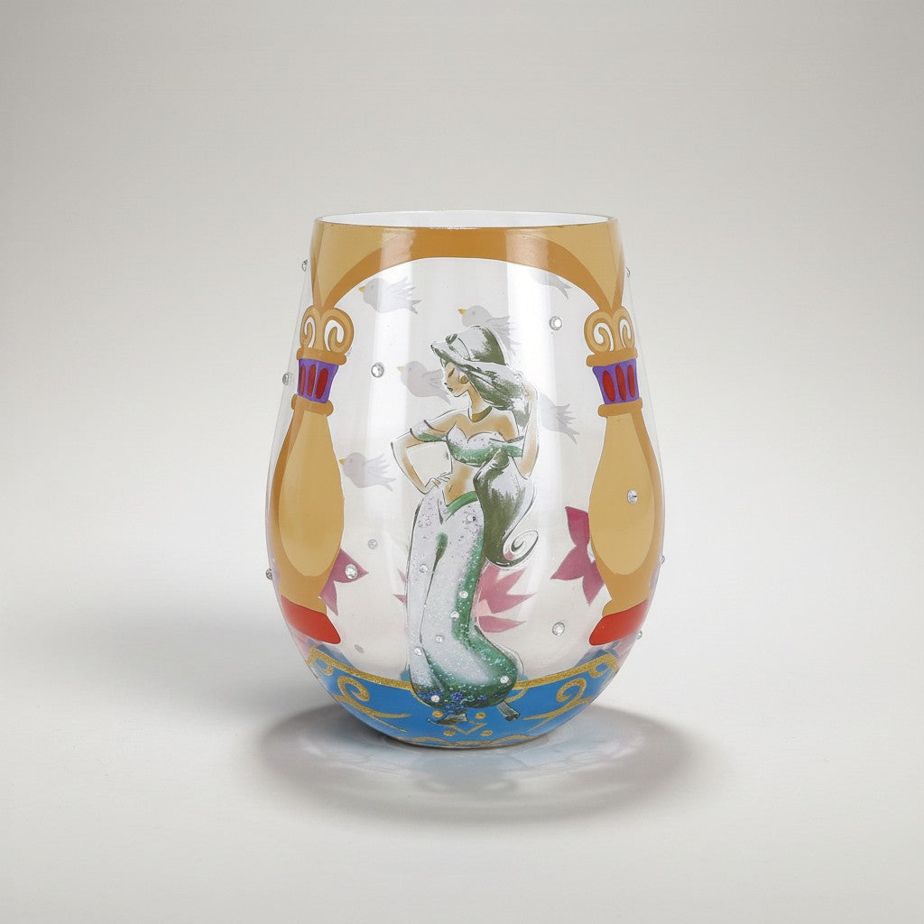 Fans Geek Store Disney by Lolita stemless glass featuring Princess Jasmine from Aladdin, with detailed artwork and sparkling accents.