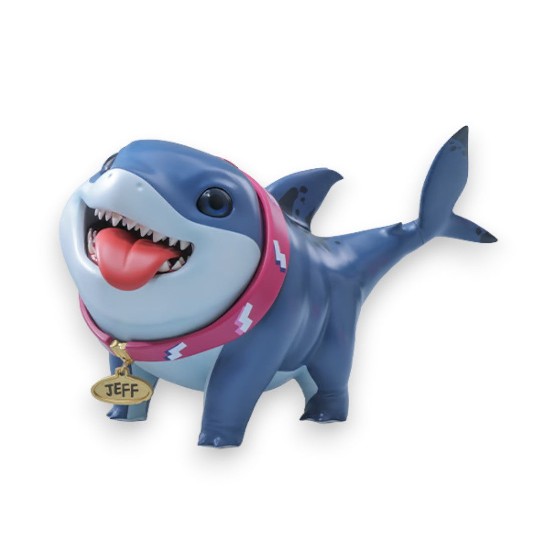 Fans Geek Store Marvel Rivals Jeff the Land Shark action figure, blue with pink collar and name tag, tongue out.