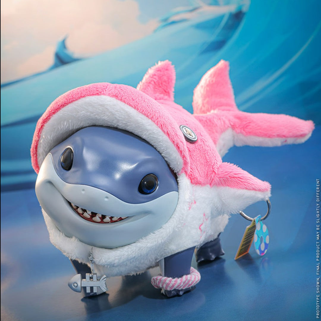 Fans Geek Store Hot Toys Jeff the Land Shark action figure in pink and white plush outfit with fishbone collar and blue body.