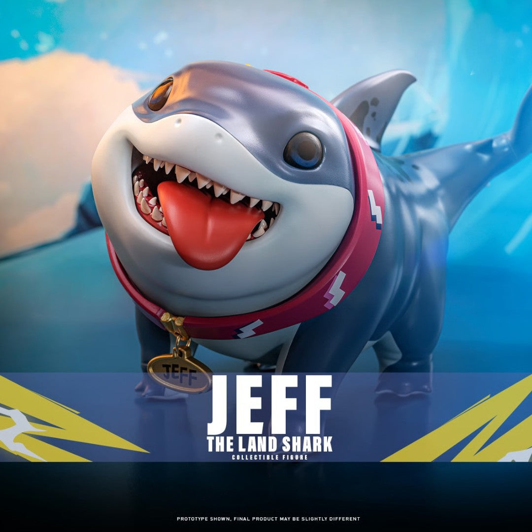 Fans Geek Store Marvel Rivals Jeff the Land Shark collectible figure, 11cm tall, with pink collar and name tag.