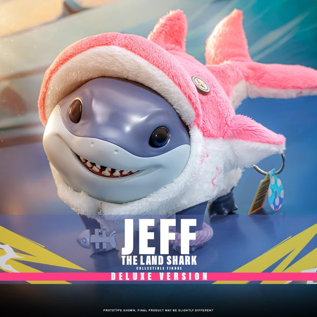 Fans Geek Store Jeff the Land Shark deluxe action figure, white and pink plush outfit, grey face, open mouth with sharp teeth.