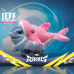 Fans Geek Store Jeff the Land Shark deluxe action figure in pink dolphin outfit with white trim, blue head, and sharp teeth.