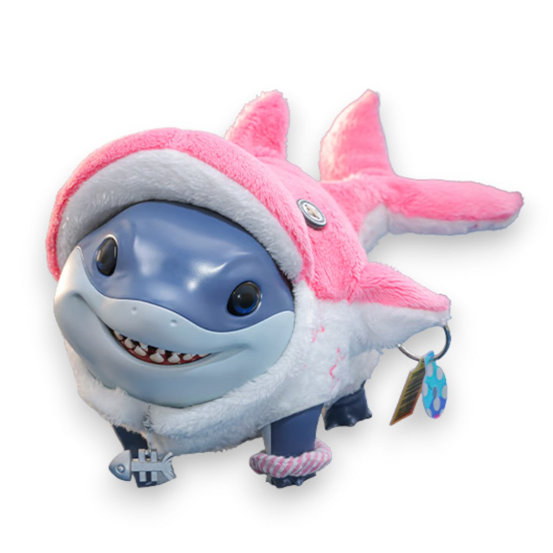 Fans Geek Store Jeff the Land Shark action figure in pink and white dolphin outfit with open mouth and tag.