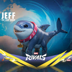 Fans Geek Store Marvel Rivals Jeff the Land Shark collectible figure, blue with pink collar and name tag.
