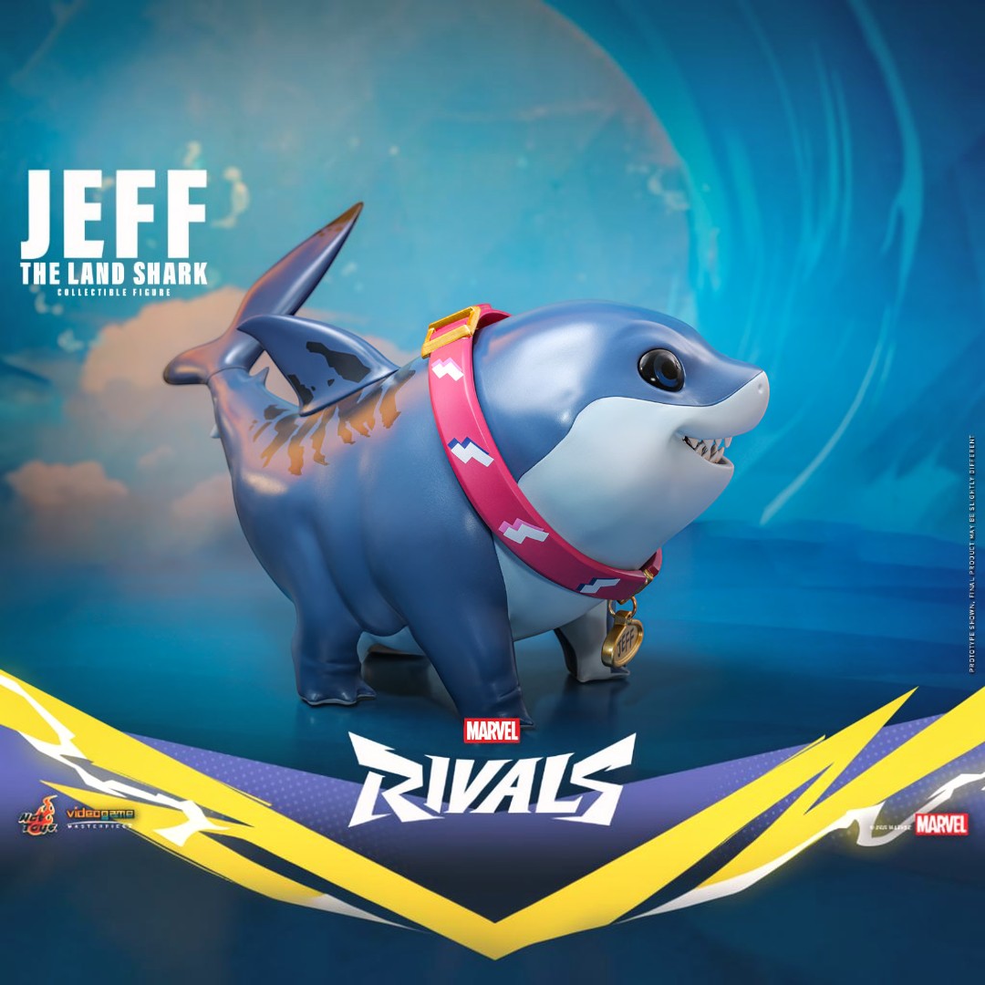 Fans Geek Store Marvel Rivals Jeff the Land Shark collectible figure, blue with pink collar and gold tag.