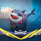 Fans Geek Store Marvel Rivals Jeff the Land Shark collectible figure, blue with pink collar and name tag, 11 cm tall.