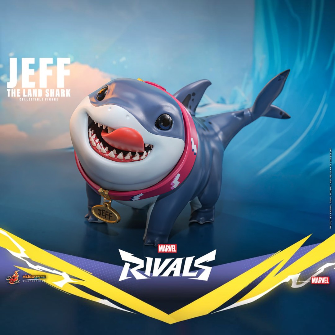 Fans Geek Store Marvel Rivals Jeff the Land Shark collectible figure, blue with pink collar and name tag, 11 cm tall.