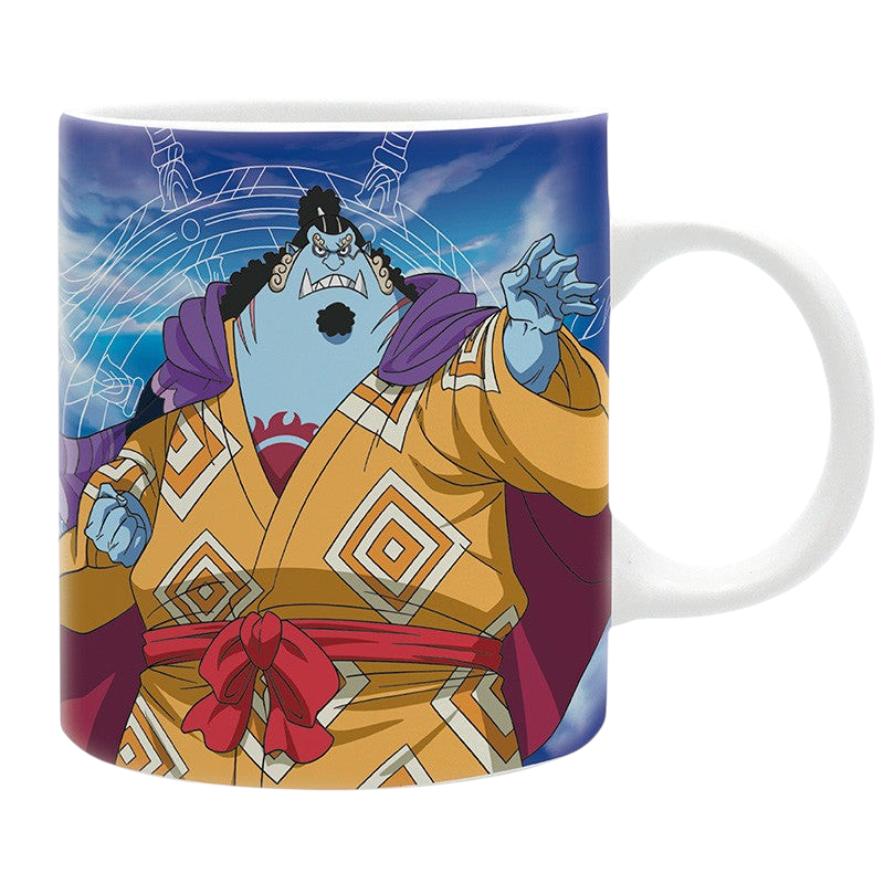 Fans Geek Store ceramic One Piece mug featuring Jinbe in his yellow kimono against a blue sky background