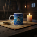 Fans Geek Store ceramic One Piece Jinbe mug featuring a blue nautical design on a wooden table with a compass