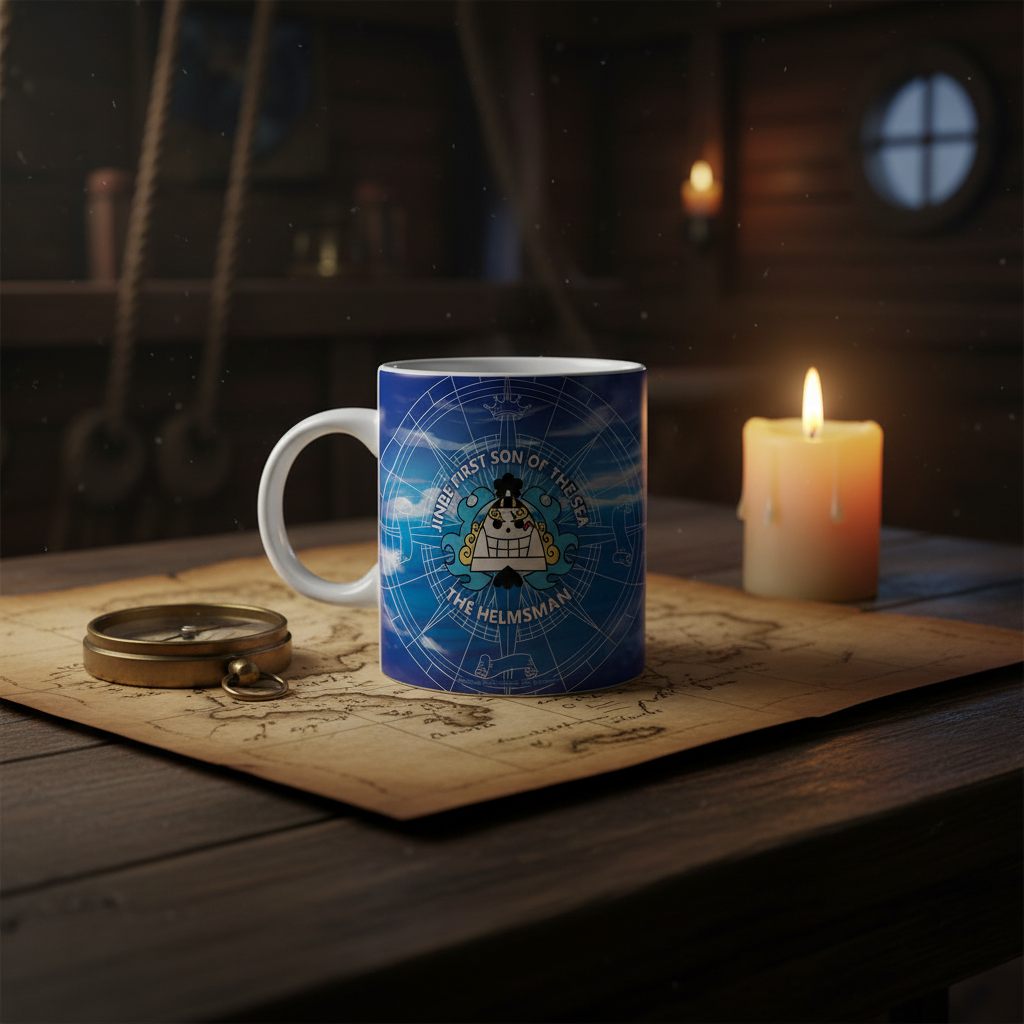 Fans Geek Store ceramic One Piece Jinbe mug featuring a blue nautical design on a wooden table with a compass