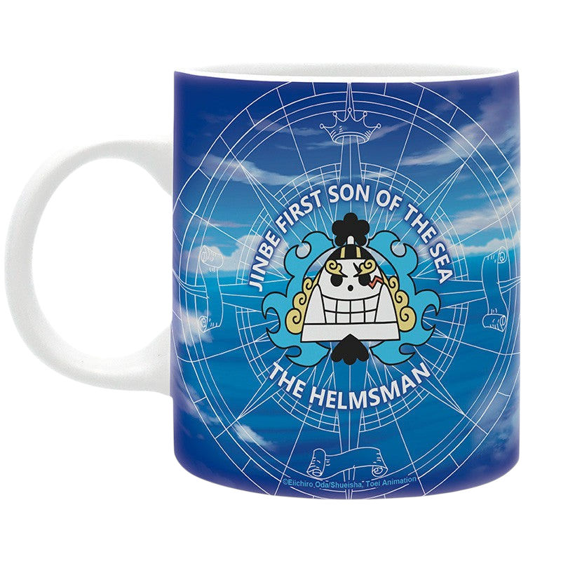 Fans Geek Store One Piece Jinbe ceramic mug featuring a blue sky and sea design with the Helmsman emblem