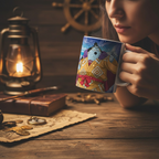 Fans Geek Store ceramic One Piece mug featuring Jinbe, held by a person at a wooden desk with nautical decor.