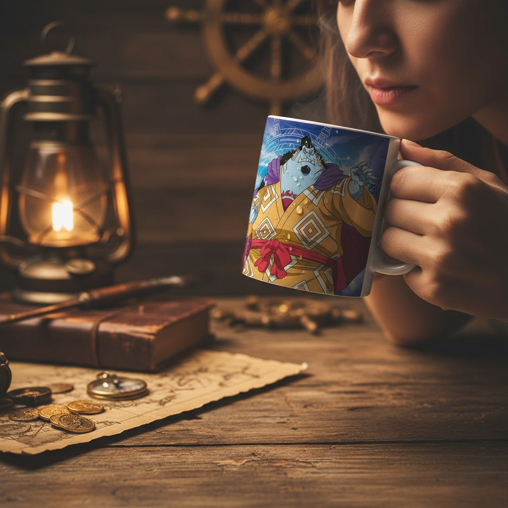 Fans Geek Store ceramic One Piece mug featuring Jinbe, held by a person at a wooden desk with nautical decor.