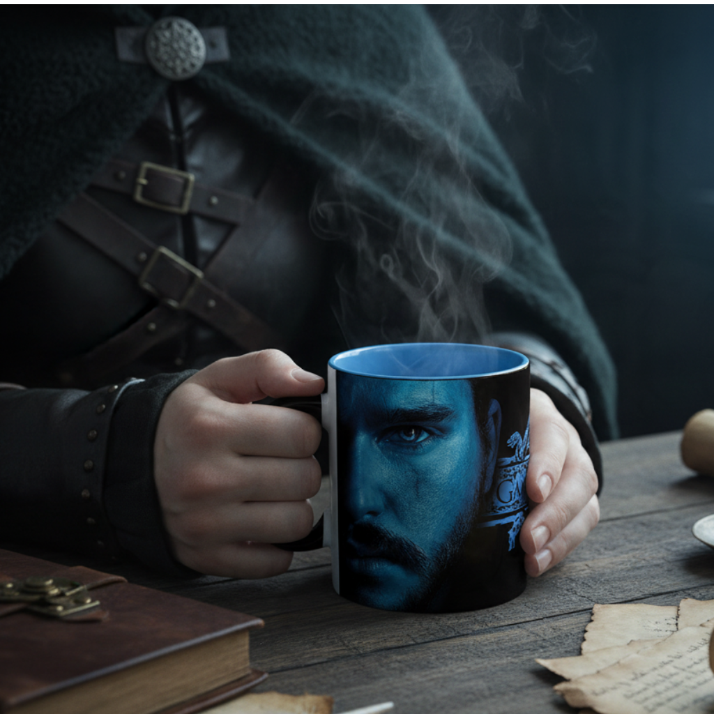 Fans Geek Store ceramic Game of Thrones mug featuring Jon Snow, held by a person in medieval fantasy attire.