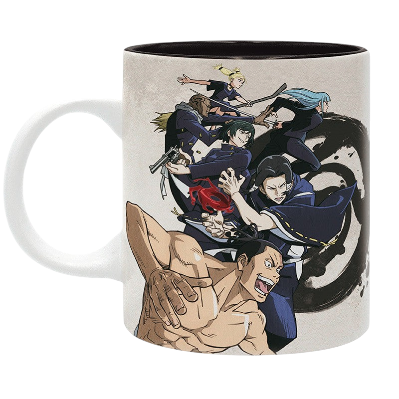 Fans Geek Store Jujutsu Kaisen ceramic mug featuring Tokyo and Kyoto school sorcerers in a dynamic group design