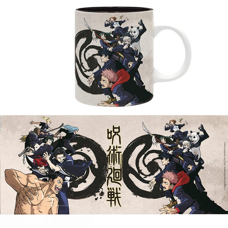 Fans Geek Store Jujutsu Kaisen ceramic mug featuring Tokyo and Kyoto school sorcerers in a dynamic group design