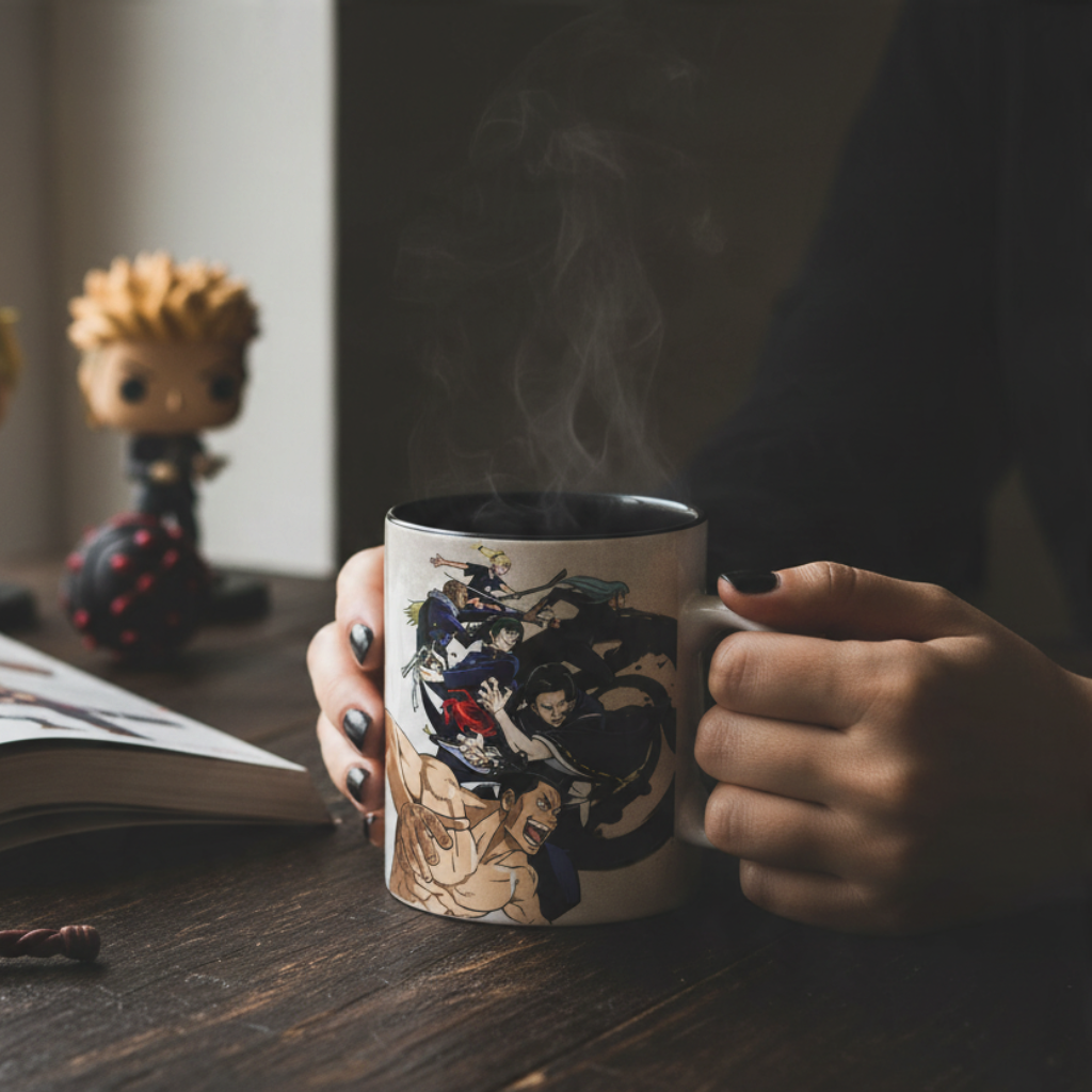 Fans Geek Store Jujutsu Kaisen ceramic mug featuring Tokyo and Kyoto sorcerers, held in hands with steam rising.
