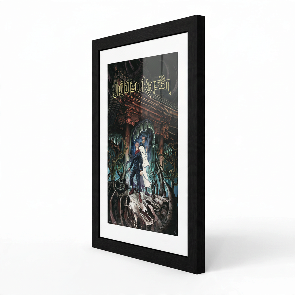 Fans Geek Store Jujutsu Kaisen framed poster featuring Yuji Itadori and Ryomen Sukuna in a black wooden frame.