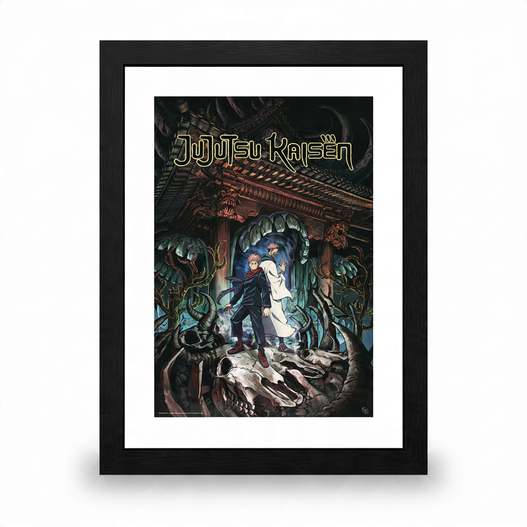 Fans Geek Store Jujutsu Kaisen framed poster featuring Yuji Itadori and Ryomen Sukuna in a dark, detailed art style.