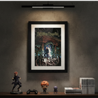 Fans Geek Store Jujutsu Kaisen framed poster featuring Itadori and Sukuna displayed on a wall above anime figures.