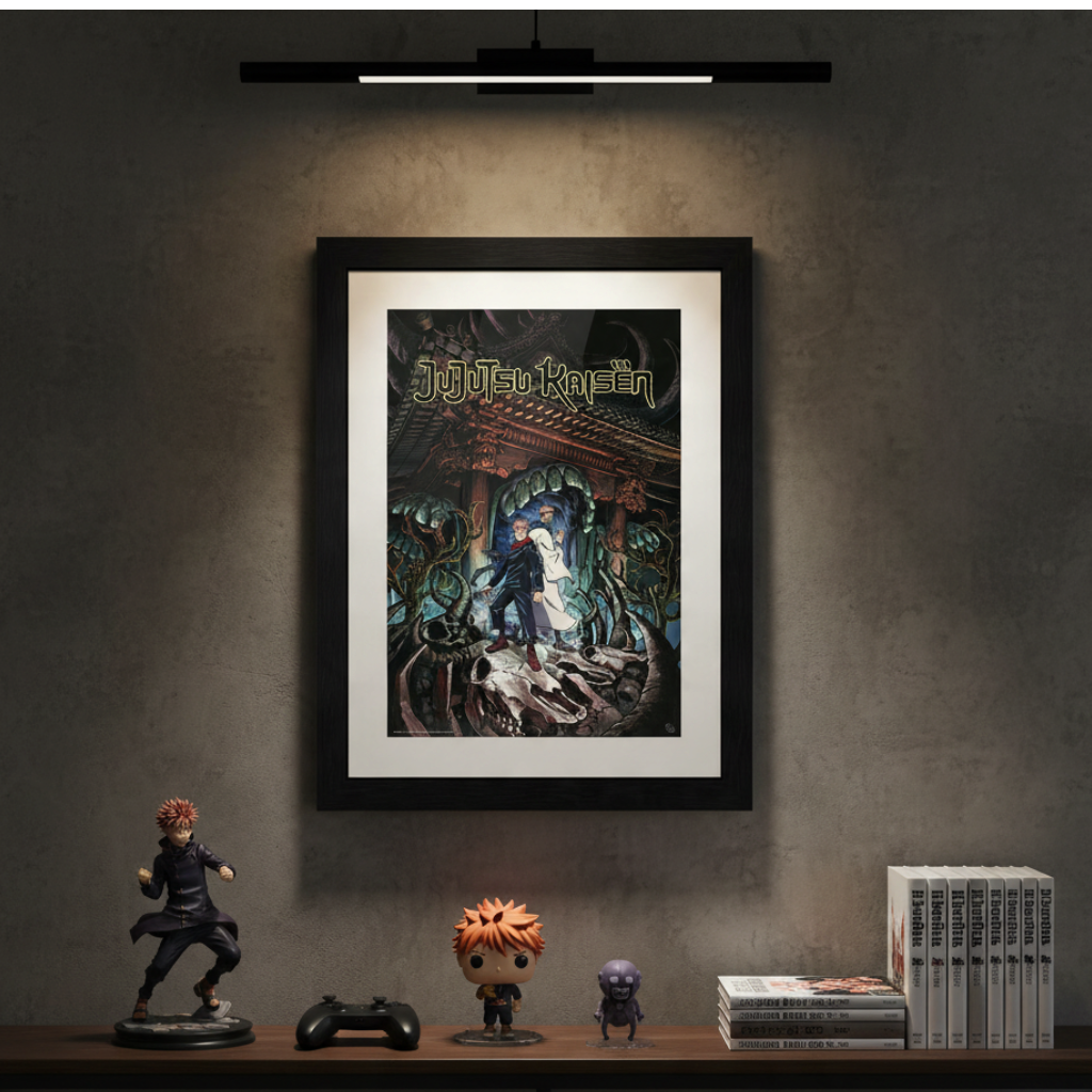 Fans Geek Store Jujutsu Kaisen framed poster featuring Itadori and Sukuna displayed on a wall above anime figures.