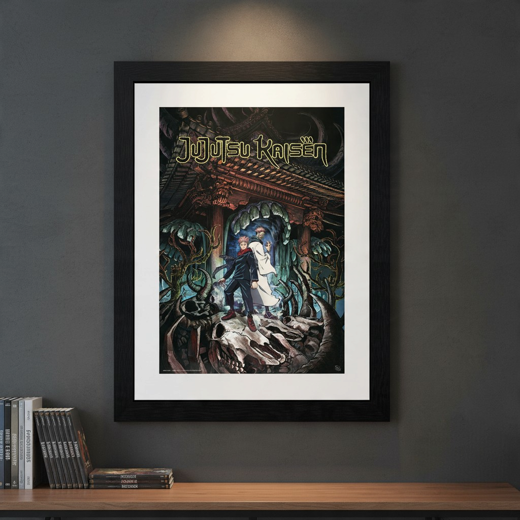 Fans Geek Store Jujutsu Kaisen framed poster featuring Yuji Itadori and Ryomen Sukuna on a dark grey wall.
