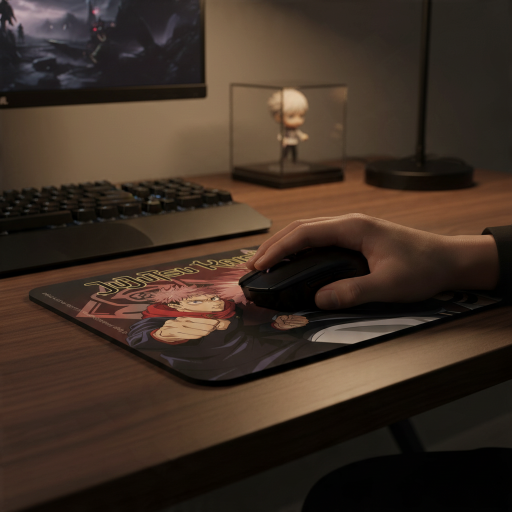 Fans Geek Store Jujutsu Kaisen mousepad featuring Yuji Itadori and Sukuna on a wooden desk with a computer mouse