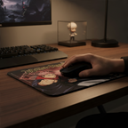 Fans Geek Store Jujutsu Kaisen mousepad featuring Yuji Itadori and Sukuna on a wooden desk with a computer mouse