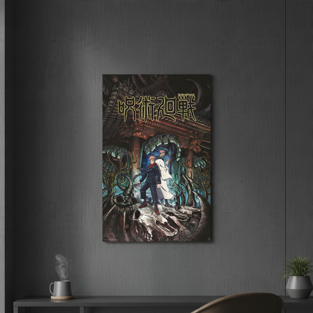 Fans Geek Store Jujutsu Kaisen poster featuring Yuji Itadori and Ryomen Sukuna displayed on a dark grey wall.