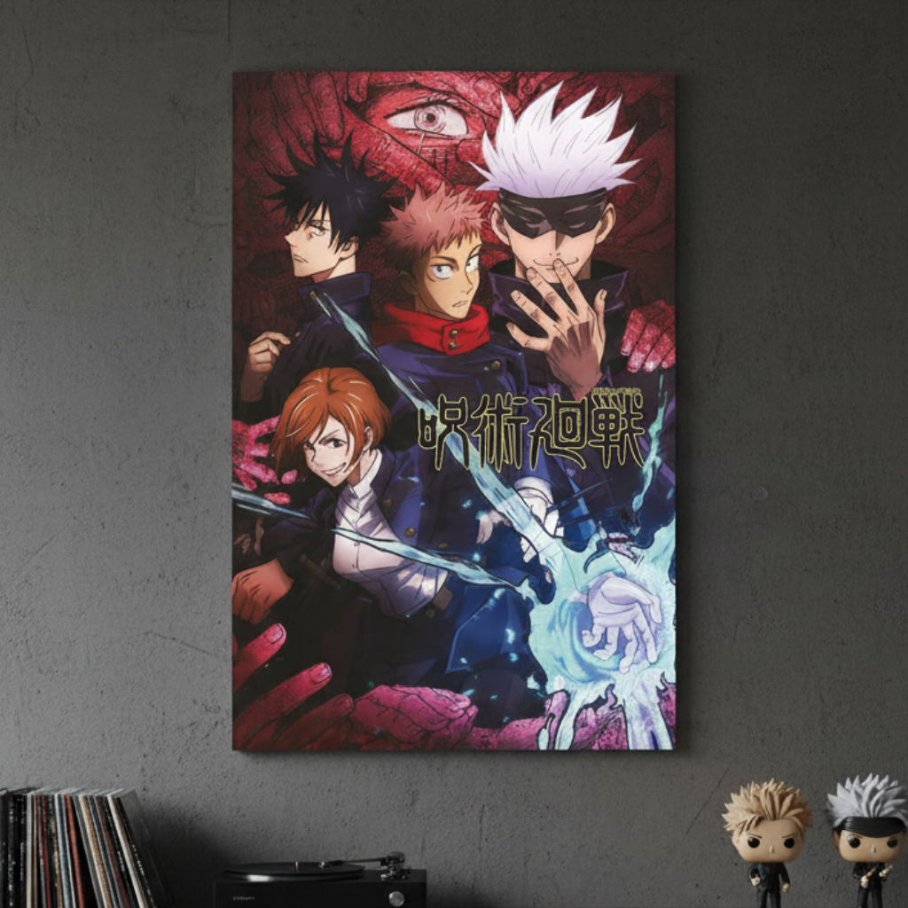 Fans Geek Store Jujutsu Kaisen poster featuring Gojo, Itadori, Fushiguro, and Kugisaki on laminated paper
