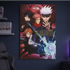 Fans Geek Store Jujutsu Kaisen poster featuring Gojo, Itadori, Fushiguro, and Kugisaki on a dark wall