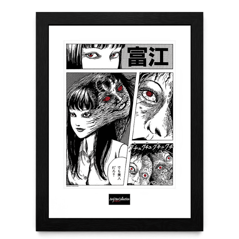 Fans Geek Store Junji Ito Tomie framed print featuring iconic black and white manga artwork with red eyes