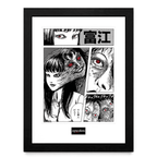 Fans Geek Store Junji Ito Tomie framed print featuring iconic black and white manga artwork with red eyes