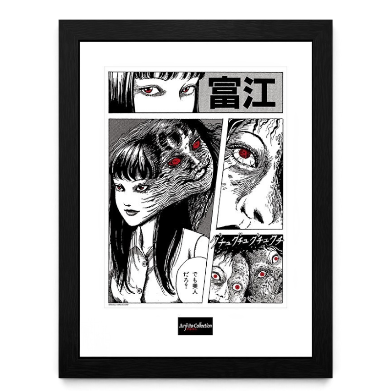 Fans Geek Store Junji Ito Tomie framed print featuring iconic horror manga artwork in a sleek black frame.