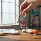 Fans Geek Store 3D Kame House keychain from Dragon Ball Z held in a hand with keys on a wooden desk