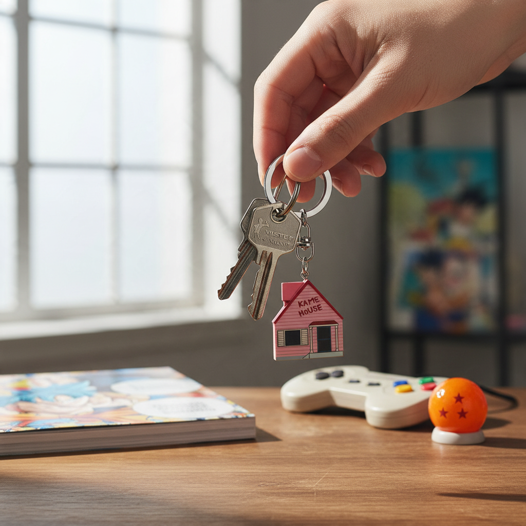 Fans Geek Store 3D Kame House keychain from Dragon Ball Z held in a hand with keys on a wooden desk