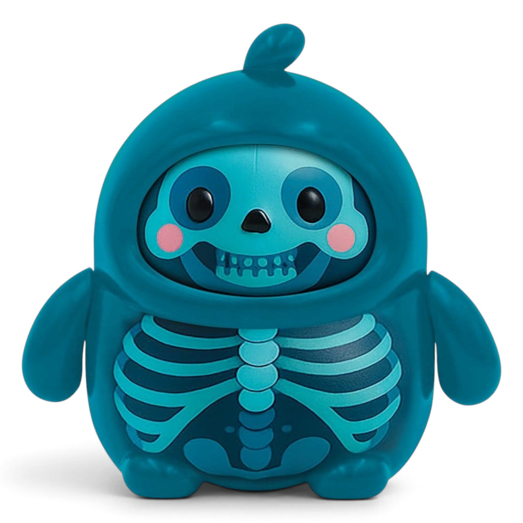 Fans Geek Store LamaTama Series 2 electronic skeleton figure in teal plastic with a cute hood and ribcage design