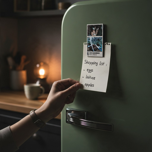 Fans Geek Store Attack on Titan Levi Ackerman magnet holding a shopping list on a green vintage refrigerator