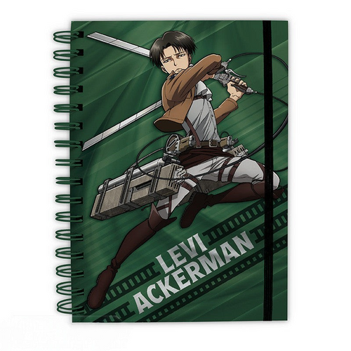 Fans Geek Store A5 spiral notebook featuring Levi Ackerman from Attack on Titan on a green background