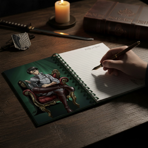 Fans Geek Store A5 spiral notebook featuring Levi Ackerman from Attack on Titan, open on a desk with a fountain pen.