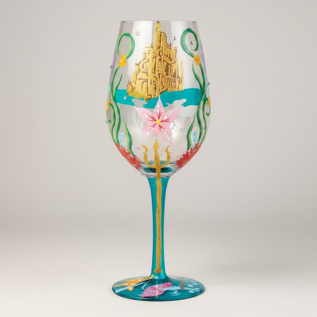 Fans Geek Store Lolita Disney Ariel stemmed glass with gold castle, pink flower, and trident. Clear glass with hand-painted artwork.