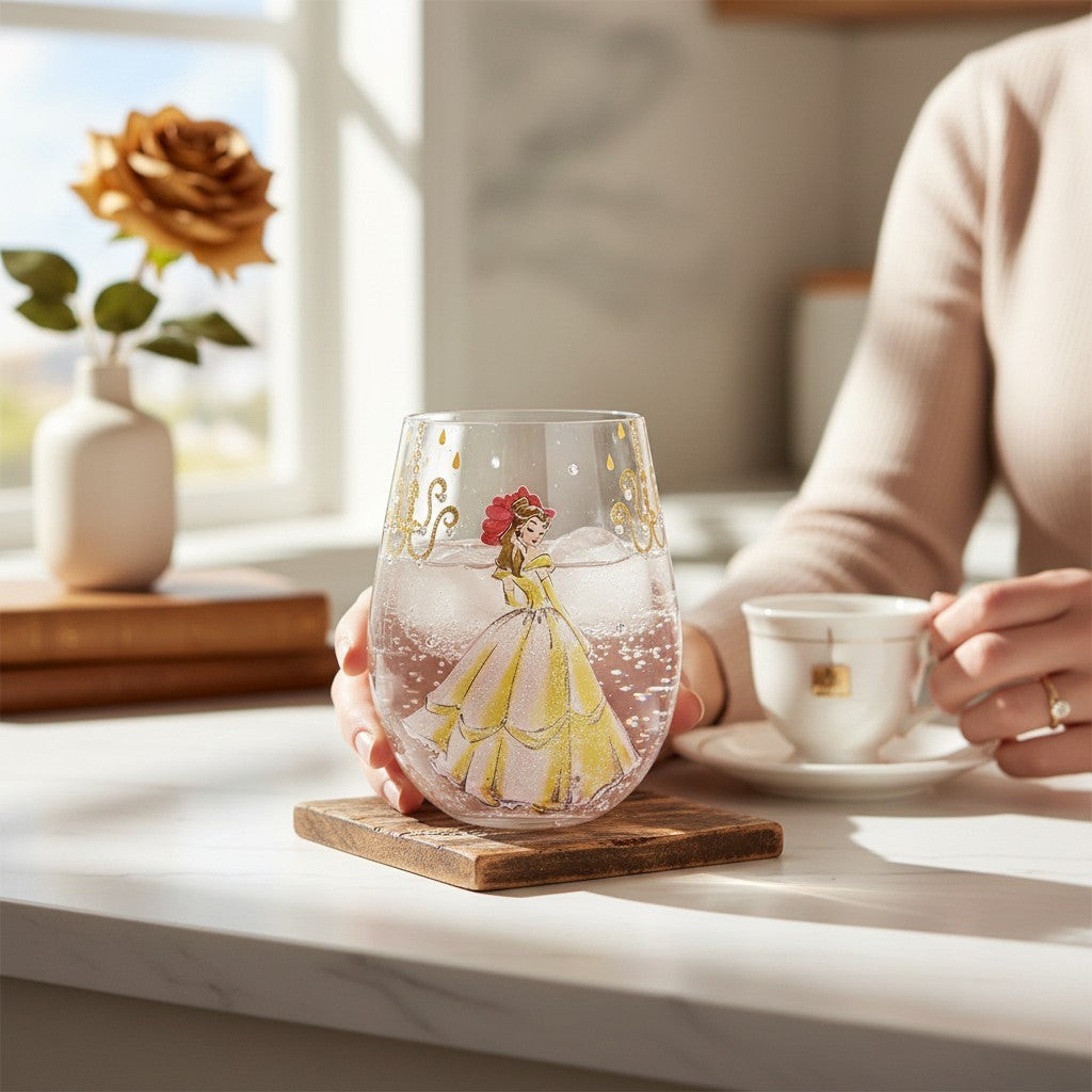 Fans Geek Store Lolita Disney Belle stemless glass with yellow ballgown and chandelier details.