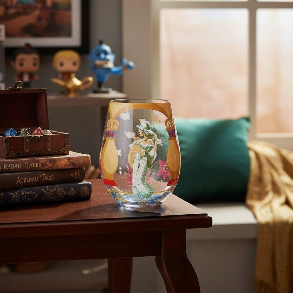 Fans Geek Store Lolita Disney Jasmine stemless glass with "Let Your Dreams Soar" artwork, featuring Jasmine in a flowing green dress against an Agrabah-inspired background.