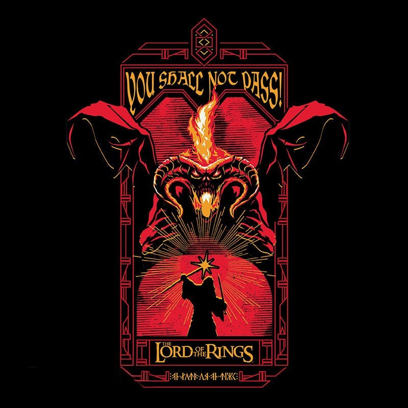 Fans Geek Store black cotton T-shirt featuring Gandalf facing the Balrog with You Shall Not Pass text design