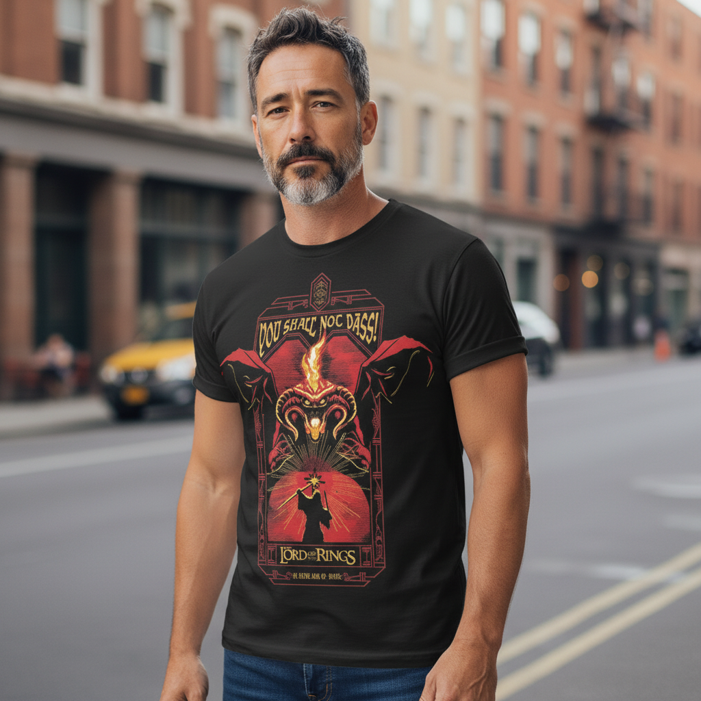 Fans Geek Store black cotton Lord of the Rings T-shirt featuring Gandalf and Balrog graphic worn by a man outdoors