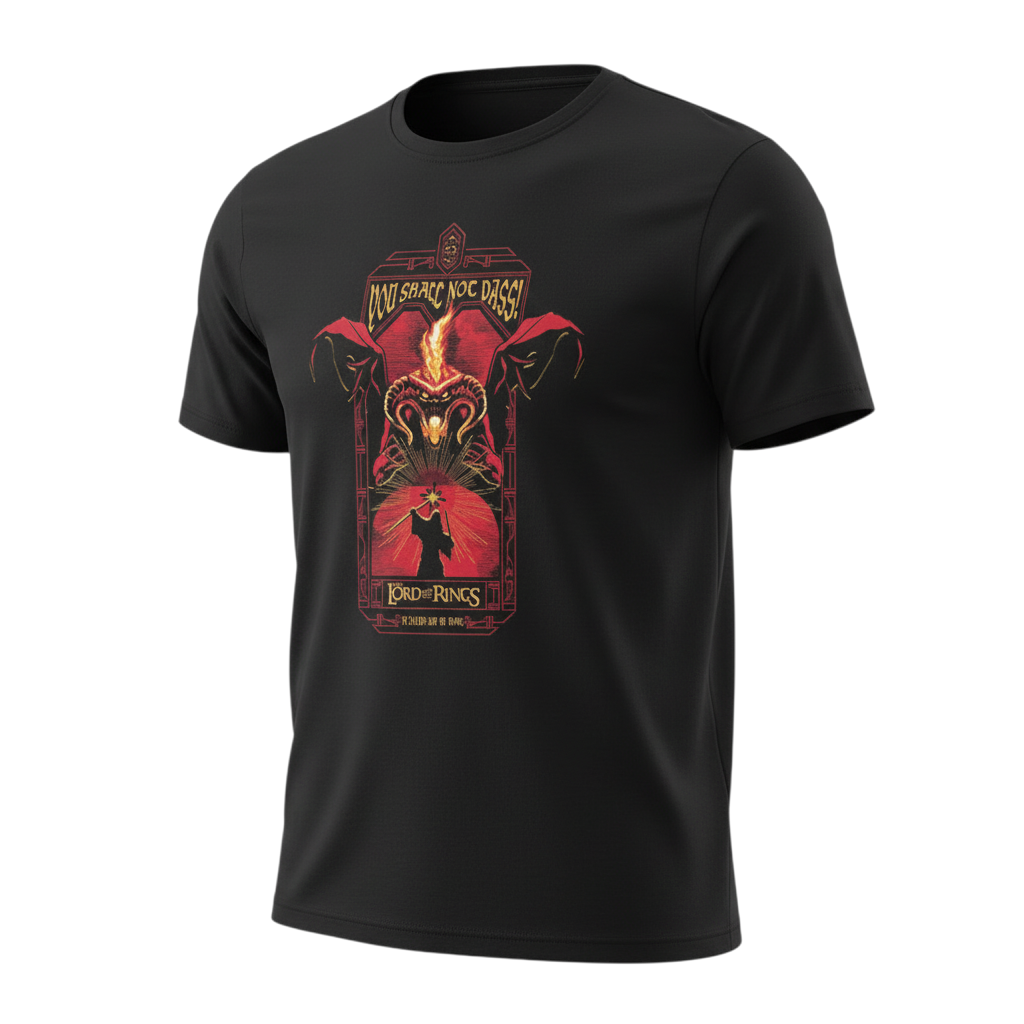 Fans Geek Store black cotton Lord of the Rings T-shirt featuring a Gandalf and Balrog You Shall Not Pass graphic