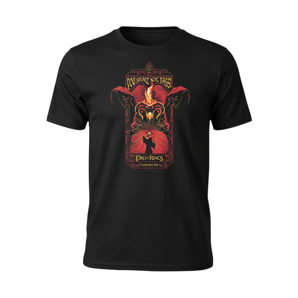 Fans Geek Store black cotton Lord of the Rings T-shirt featuring Gandalf and Balrog You Shall Not Pass graphic