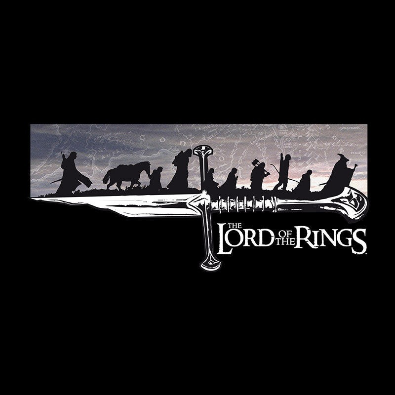 Fans Geek Store black cotton T-shirt featuring The Lord of the Rings Fellowship silhouette graphic on a sword blade